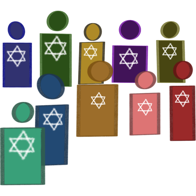  a simple drawing of a group of ten people. The people are all each made of a rectangular body and a circular head and on their chest is a Magen David. The people are all various color and sizes as well.